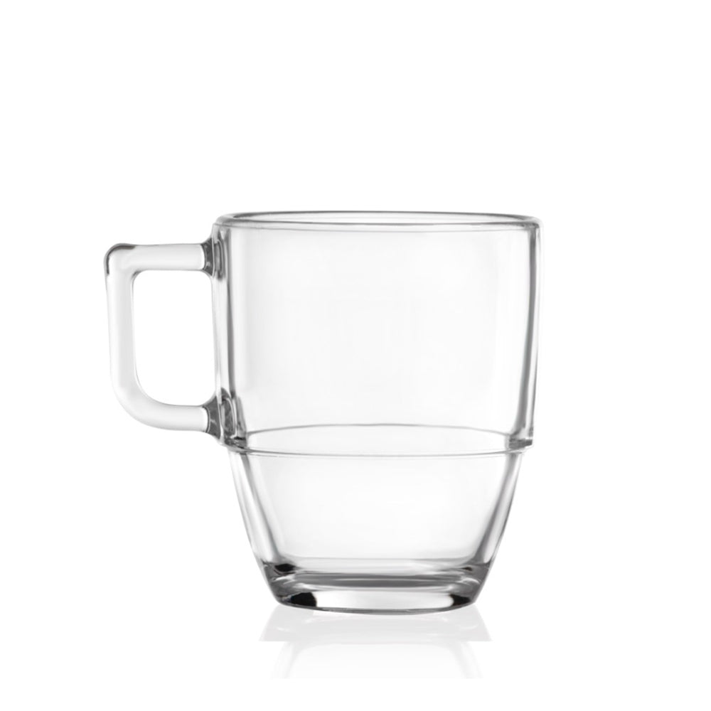 Transparent glass mug with handle, cylindrical shape and slightly wider base. Neutral setting.
