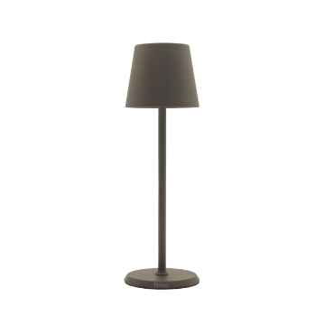 Lampada da tavolo grigia opaca con base e paralume cilindrico, design semplice e moderno.