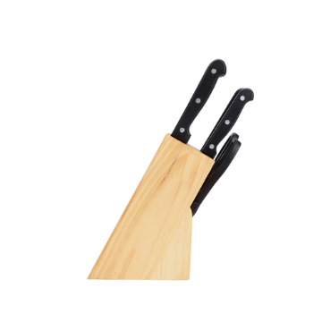 Blocco di legno con due coltelli a lama nera e manico nero, e un temperino nero laterale.