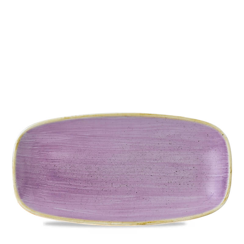 Plato ovalado de cerámica color violeta con acabado brillante y bordes amarillos, superficie ligeramente texturizada.