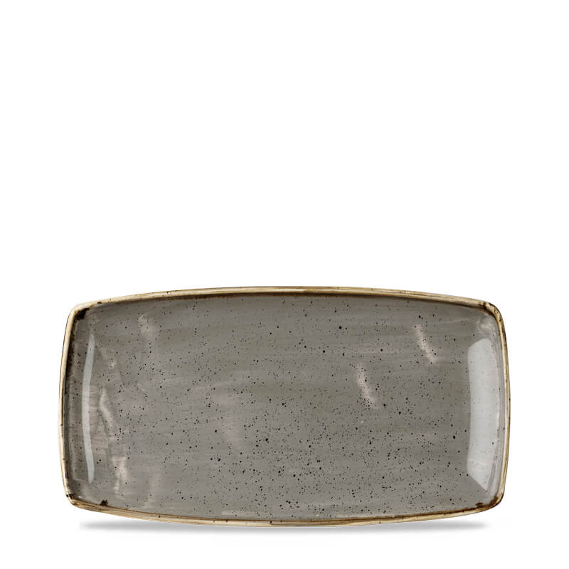 Bandeja rectangular de cerámica gris con bordes dorados y superficie lisa, decorada con pequeñas manchas oscuras.