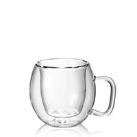 Transparent double-wall glass mug with handle, round shape, isolated white background