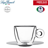 16 5 Cl Bormioli Luigi Thermic Glass Taza de cappuccino Doble pared con platillo acero Set de 2 pz