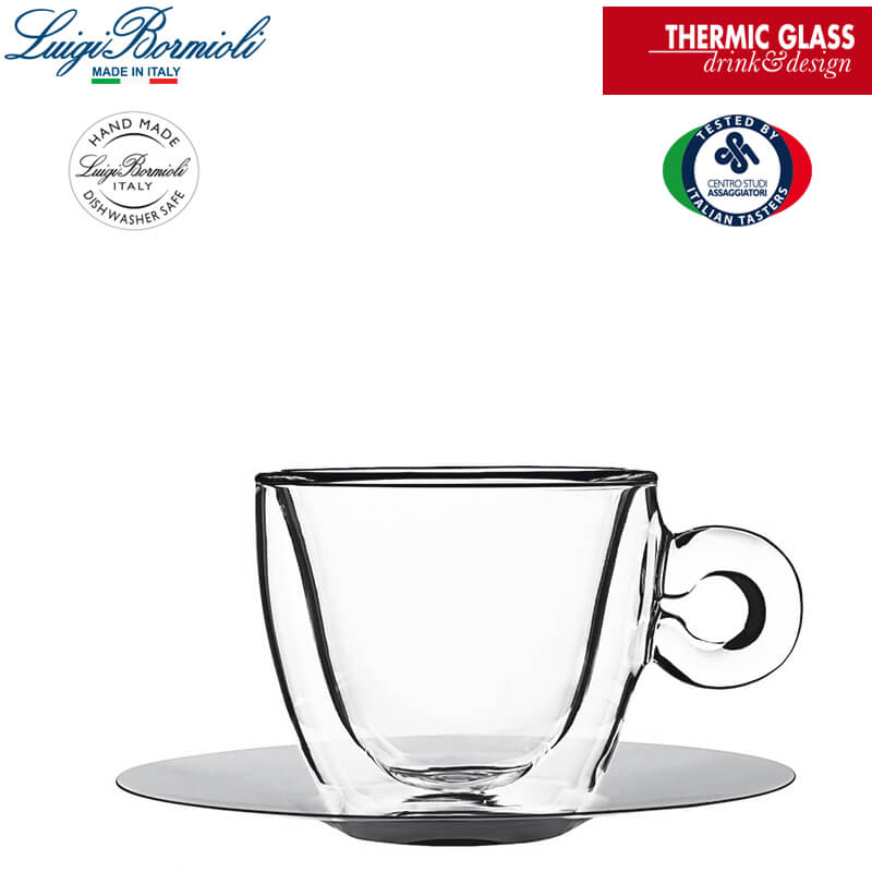 16 5 Cl Bormioli Luigi Thermic Glass Taza de cappuccino Doble pared con platillo acero Set de 2 pz
