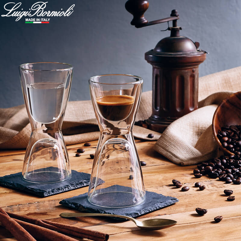 10 Cl Bormioli Luigi Thermic Glass Taza espresso Jigger de vidrio borosilicato Set de 2 piezas