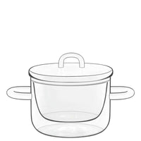 Transparante pan met deksel en afgeronde witte handgrepen, eenvoudig modern design