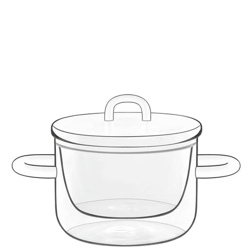 Transparante pan met deksel en afgeronde witte handgrepen, eenvoudig modern design