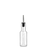 Bouteille transparente en verre avec verseur en acier et bouchon noir, étiquette en relief avec inscription AUTHENTICA