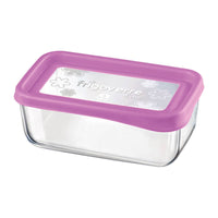 Contenedor rectangular de vidrio transparente con tapa morada y decoraciones florales, ideal para alimentos.