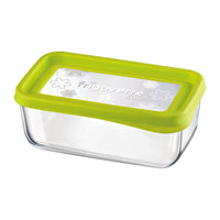 Contenedor rectangular de vidrio con tapa verde. Logo "frigoverre fun!" visible en la parte superior.