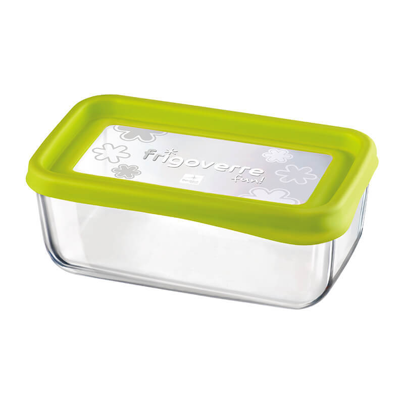 Contenedor rectangular de vidrio con tapa verde. Logo "frigoverre fun!" visible en la parte superior.