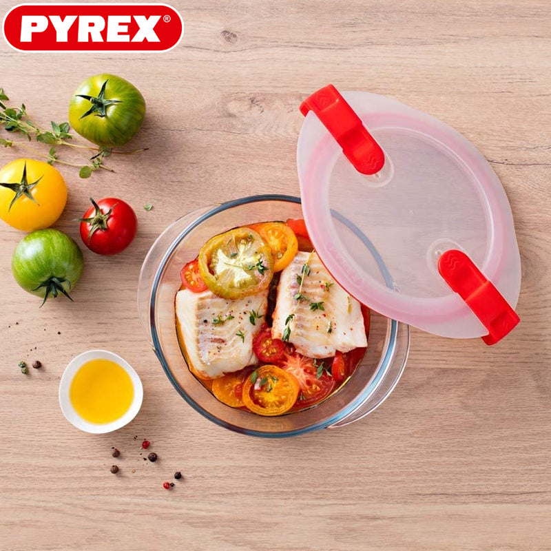 Pyrex Cook And Heat runder Lebensmittelbehälter aus Borosilikatglas mit Dampfventildeckel