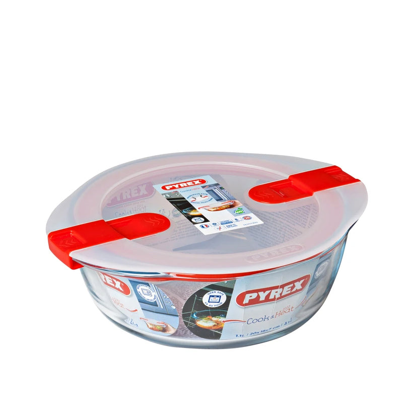 Pyrex Cook And Heat runder Lebensmittelbehälter aus Borosilikatglas mit Dampfventildeckel