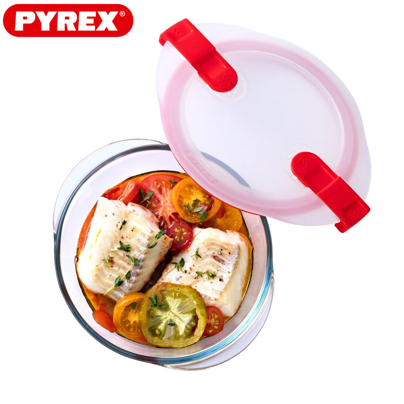Pyrex Cook And Heat runder Lebensmittelbehälter aus Borosilikatglas mit Dampfventildeckel