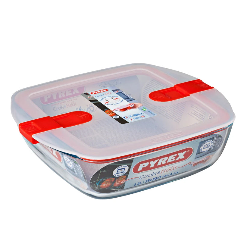 Pyrex Cook And Heat recipiente cuadrado para alimentos de vidrio borosilicato con tapa de válvula de vapor