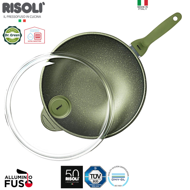 32 Cm Risoli Dr Green Stone Extra Induction wok antiadhésif aluminium avec couvercle
