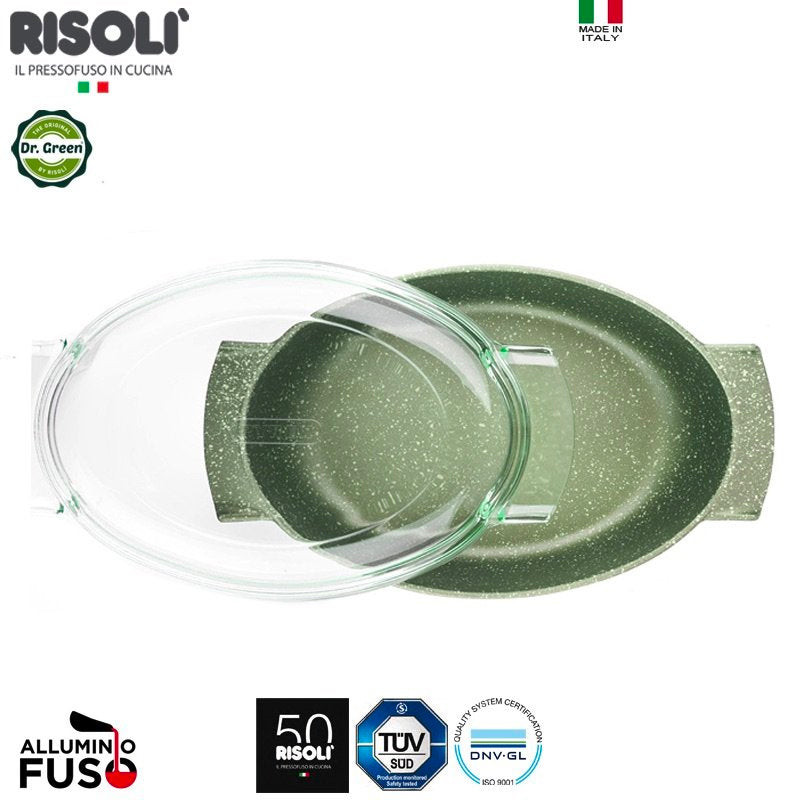 36X24 Cm Risoli Dr Green Stone Ovale Antihaft-Bratform aus Aluminium mit Glasdeckel