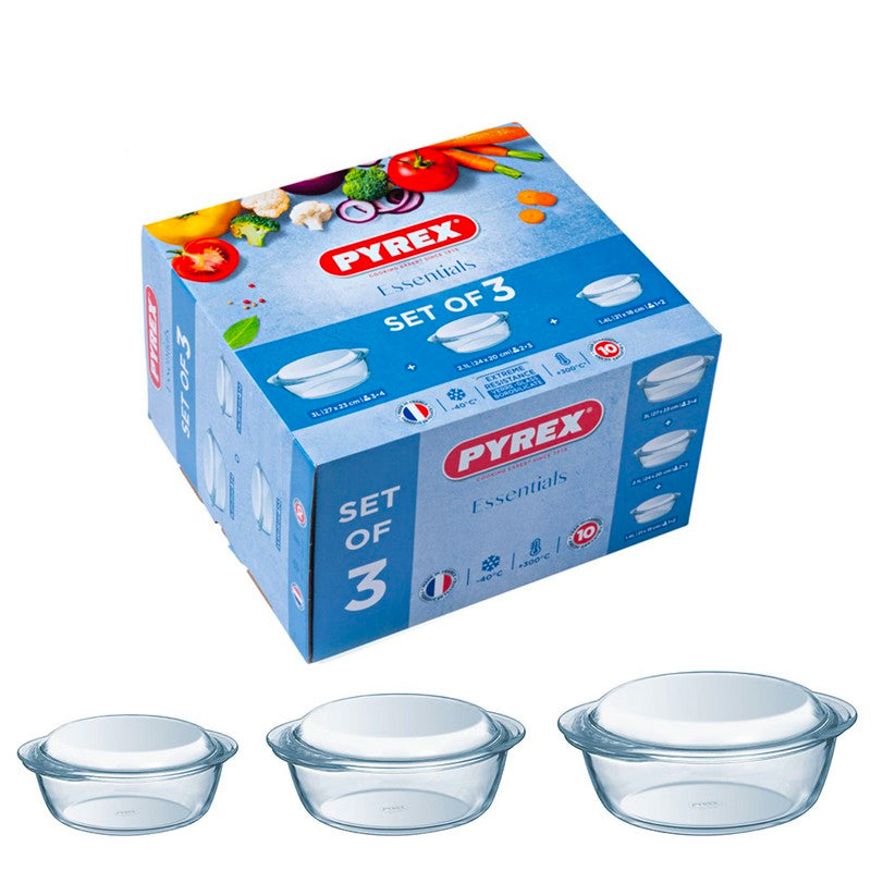 Pyrex Essentials Set ronde steelpannen van borosilicaatglas met deksel set van 3 stuks