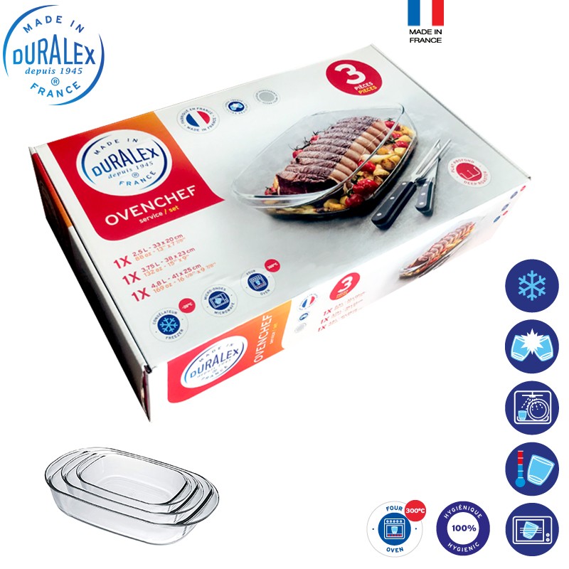 Duralex Ovenchef Rectangular Baking Dish in Tempered Glass Set of 3 Pcs
