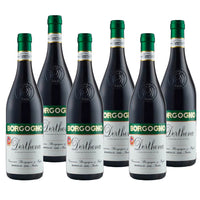 Six red wine bottles with white and green label, Borgogno brand, in front display.