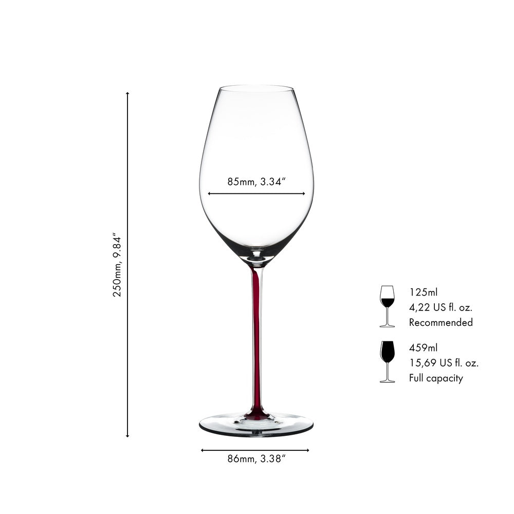 Copa de vino de vidrio transparente con pie rojo, elegante, 250 mm de alto y 85 mm de diámetro. Base redonda.