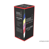 Caja negra de vidrio con detalles rojos y multicolores, logo Riedel visible, inscripciones informativas en un lateral.