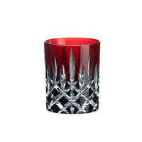 Bicchiere in cristallo con parte superiore rossa e base trasparente, decorato con motivi a taglio a diamante.