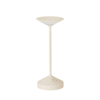 White table lamp with round base, slim stem and upside-down plate-shaped diffuser, with button on the base