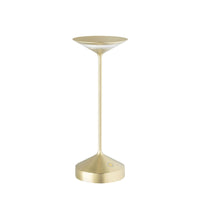 Golden table lamp with cylindrical base and slim stem, upside-down plate-shaped metal shade, neutral white setting