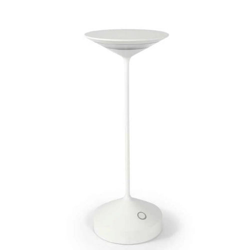 Lampe sur pied blanche avec base circulaire et tige fine supportant un diffuseur en forme de bol renversé, en matériau plastique mat
