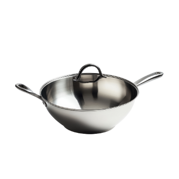 Pentola wok in acciaio inox lucido con coperchio e doppio manico, su sfondo bianco.