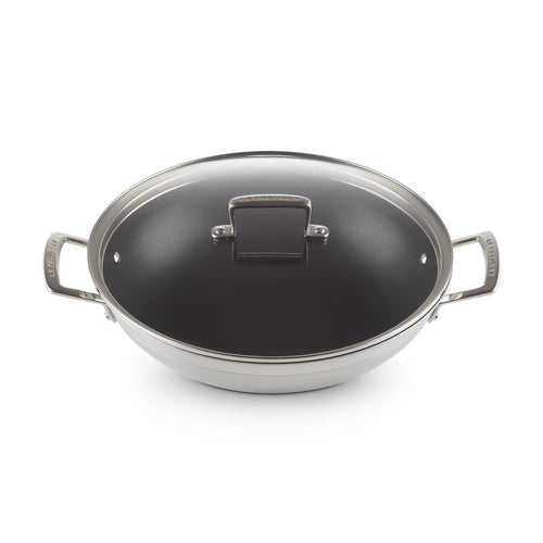 Le Creuset Acciaio Inox Non-Stick Wok in Stainless Steel with Glass Lid