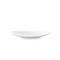 White oval ceramic plate with thin rim on white background