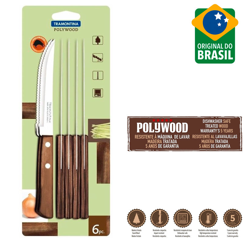 Tramontina Tradicional Cuchillo para Bistec En Acero Inoxidable Poliwood Set de 6 Pzas