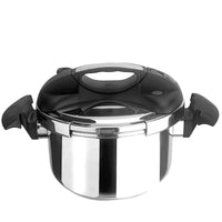 Autocuiseur en acier poli avec poignées noires, couvercle noir et pomme central. Forme ronde, finition réfléchissante.