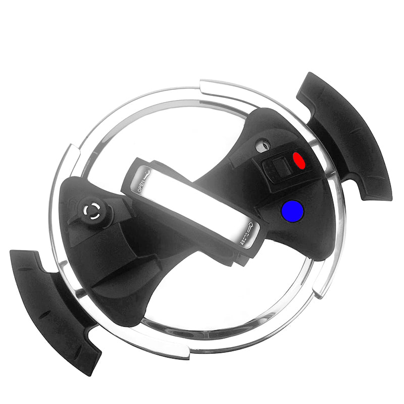Appareil circulaire avec poignées noires et partie centrale lumineuse, fini en métal brillant, avec boutons rouges et bleus.