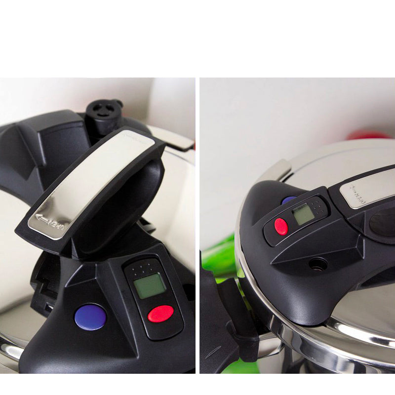 Couvercle de cocotte-minute noire avec poignée ergonomique, boutons colorés et écran, posé sur une surface claire.