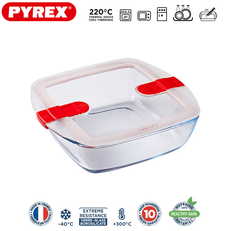Pyrex Cook And Heat recipiente cuadrado para alimentos de vidrio borosilicato con tapa de válvula de vapor