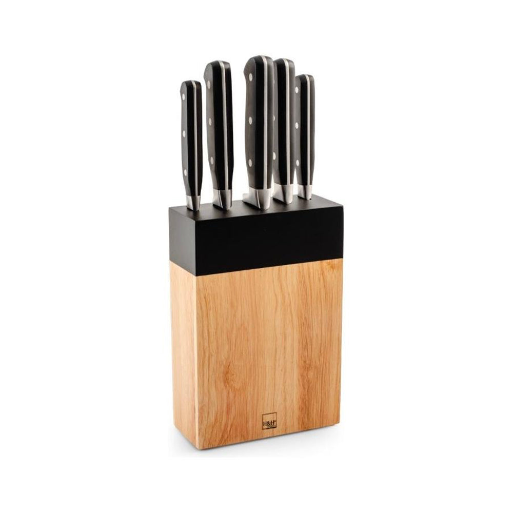H&H Set couteaux de cuisine en acier inoxydable avec bloc en bois set 5 pièces