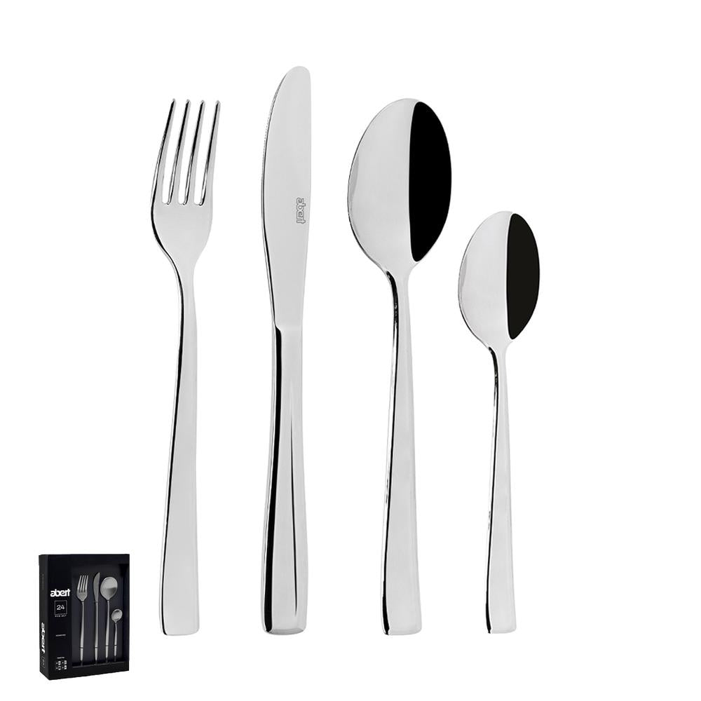 Set di posate in acciaio inox lucido: forchetta, coltello, cucchiaio grande e cucchiaio piccolo, con confezione visibile.