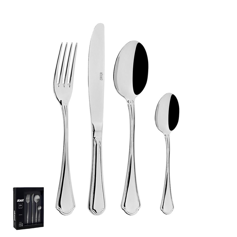 Set di posate in acciaio inox lucido, composto da un coltello, una forchetta, un cucchiaio grande e uno piccolo, con confezione nera.