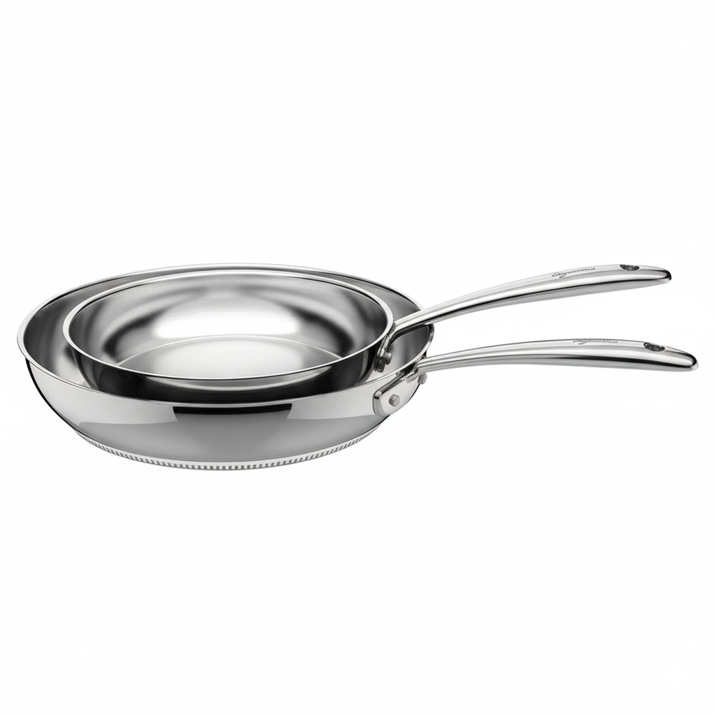 Due padelle in acciaio inox lucido di diverse dimensioni sovrapposte, manici lunghi e sottili in acciaio, sfondo bianco.