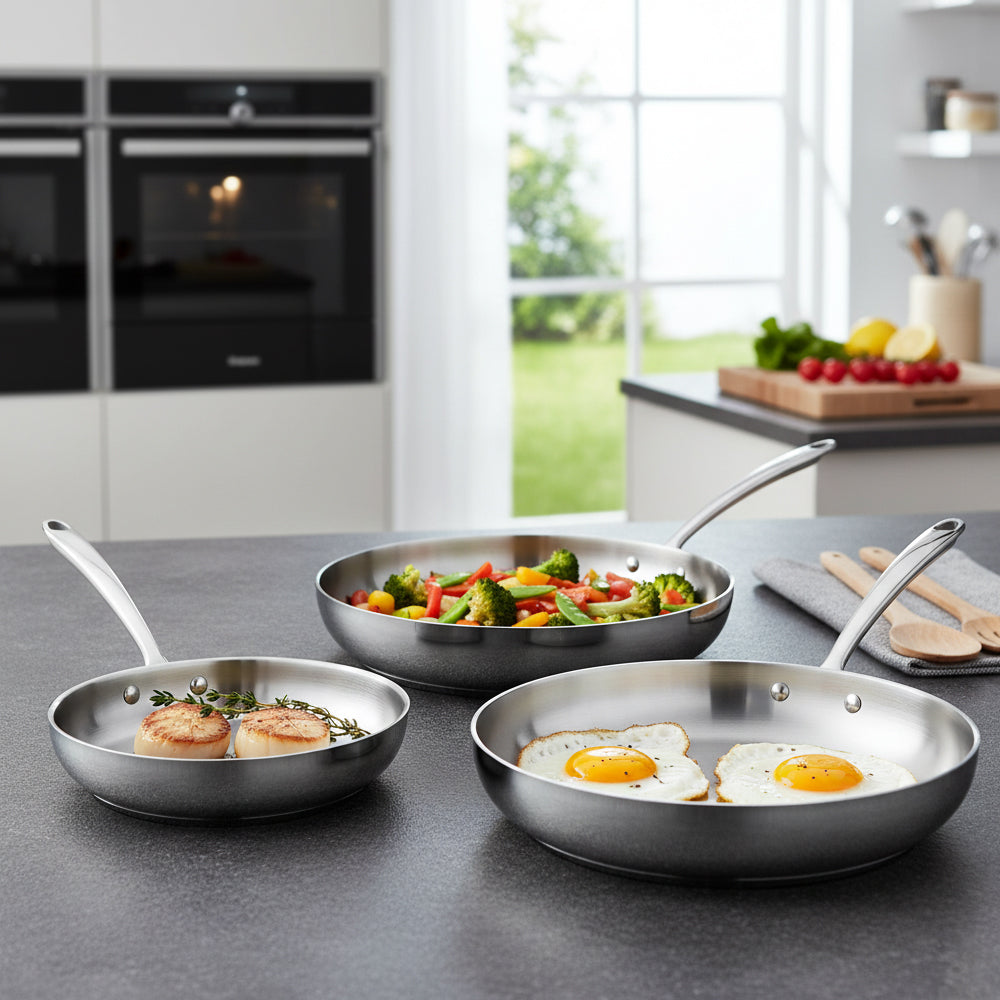Agnelli Alu-Inox 3-Ply Set Poêles Basses Induction Avec Manche 1907 Inox En Aluinox Chromé Set de 3 Pcs