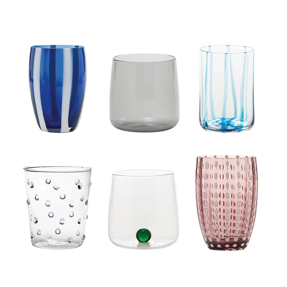 Zafferano Meltin Pot Blue Terrace Vasos de agua líneas y colores surtidos de vidrio - Set 6 piezas