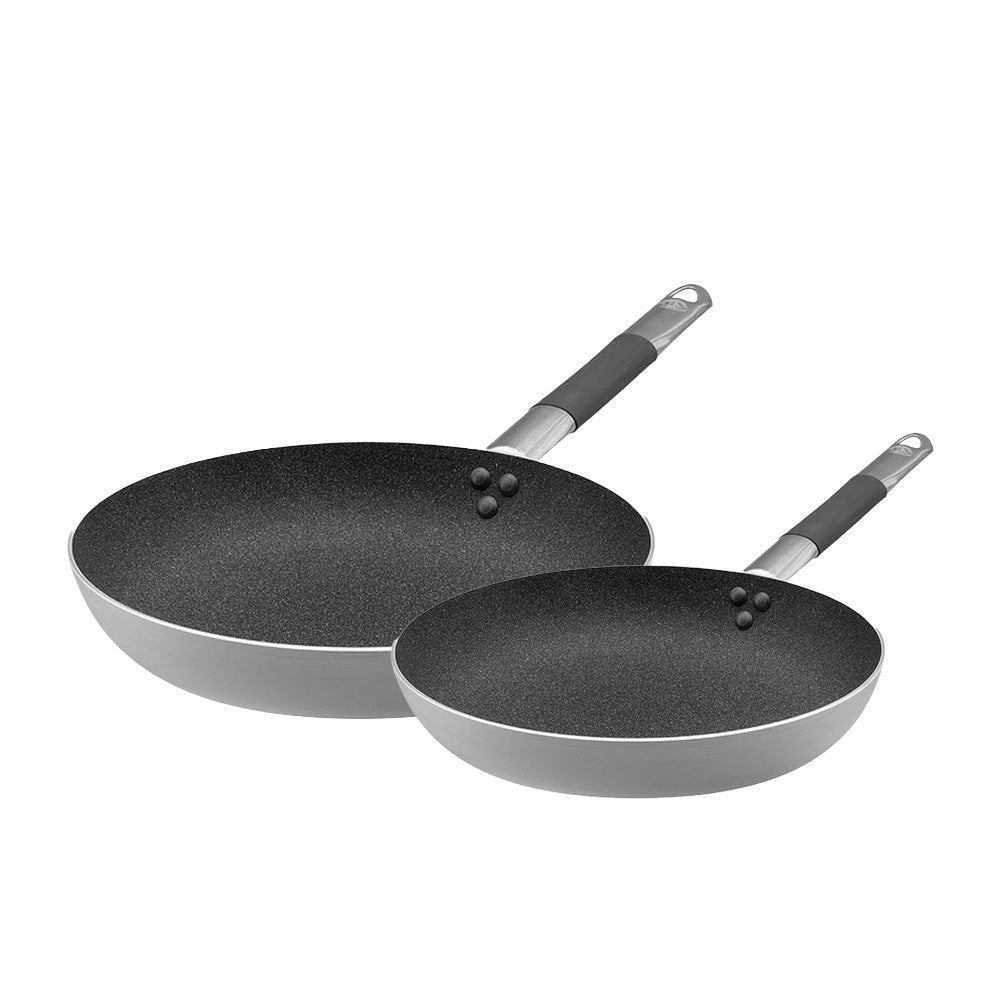 24-28 cm - Agnelli Sharkskin Set sartenes bajas cónicas antiadherentes en aluminio con mangos Cool de acero inoxidable - Set 2 piezas