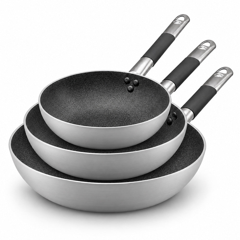 32-28-24 cm - Agnelli SharkSkin Set de 3 poêles hautes évasées antiadhésives induction en aluminium avec manche Cool Inox - Set 3 pièces
