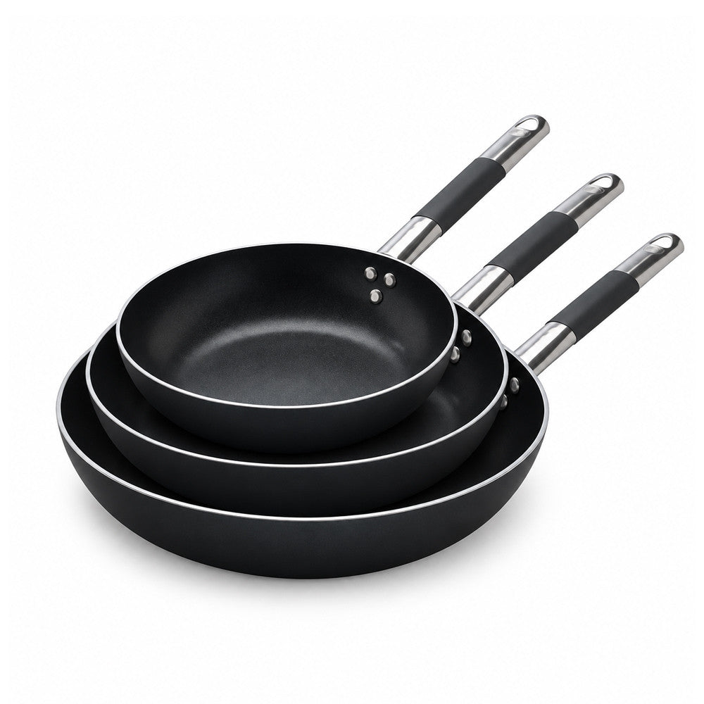 32-28-24 cm - Agnelli AlBlack Set de 3 sartenes altas inclinadas antiadherentes de inducción en aluminio con mango Cool Inox - Set 3 piezas