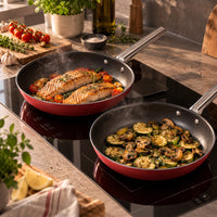 26-28 cm - Cookware 50's Style Set de Sartenes Bajas Antiadherentes de Aluminio con Mangos de Acero Inoxidable