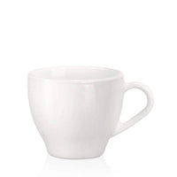 Tasse blanche, en céramique, forme ronde avec une anse, sur fond neutre.