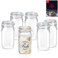six transparent glass jars with clip airtight closure, one features white label with brown "Bormioli Fido Rocco